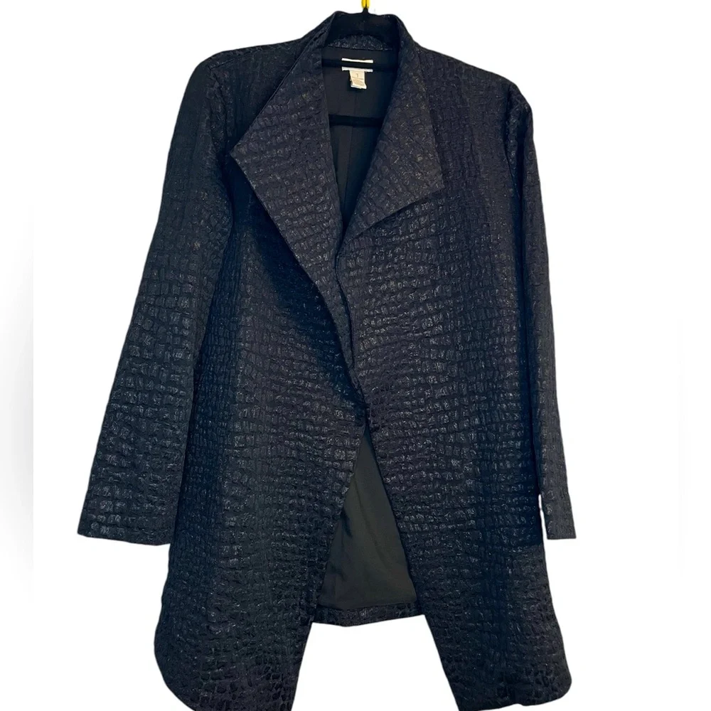 Chico’s Black Textured Open Front Shimmer Duster Old Money Topper Mob Wife - Picture 5 of 7